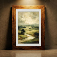 Textured oil painting style art print of rolling green hills and a winding river under a moody overcast sky, created by Artazyn.