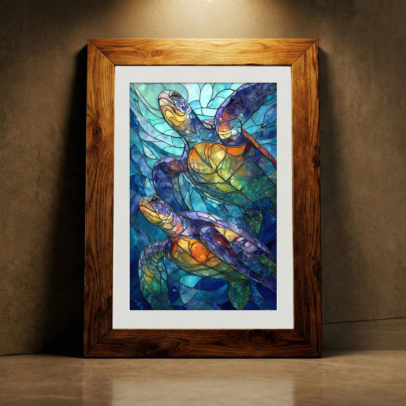 A vibrant stained-glass style art print featuring two sea turtles swimming upwards through mosaic-patterned deep blue water with glowing orange and purple shells, created by Artazyn.