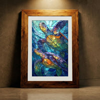 A vibrant stained-glass style art print featuring two sea turtles swimming upwards through mosaic-patterned deep blue water with glowing orange and purple shells, created by Artazyn.