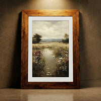 A moody impressionist oil painting of a marshy landscape filled with white daisies and dark red wildflowers under a heavy overcast sky, created by Artazyn.