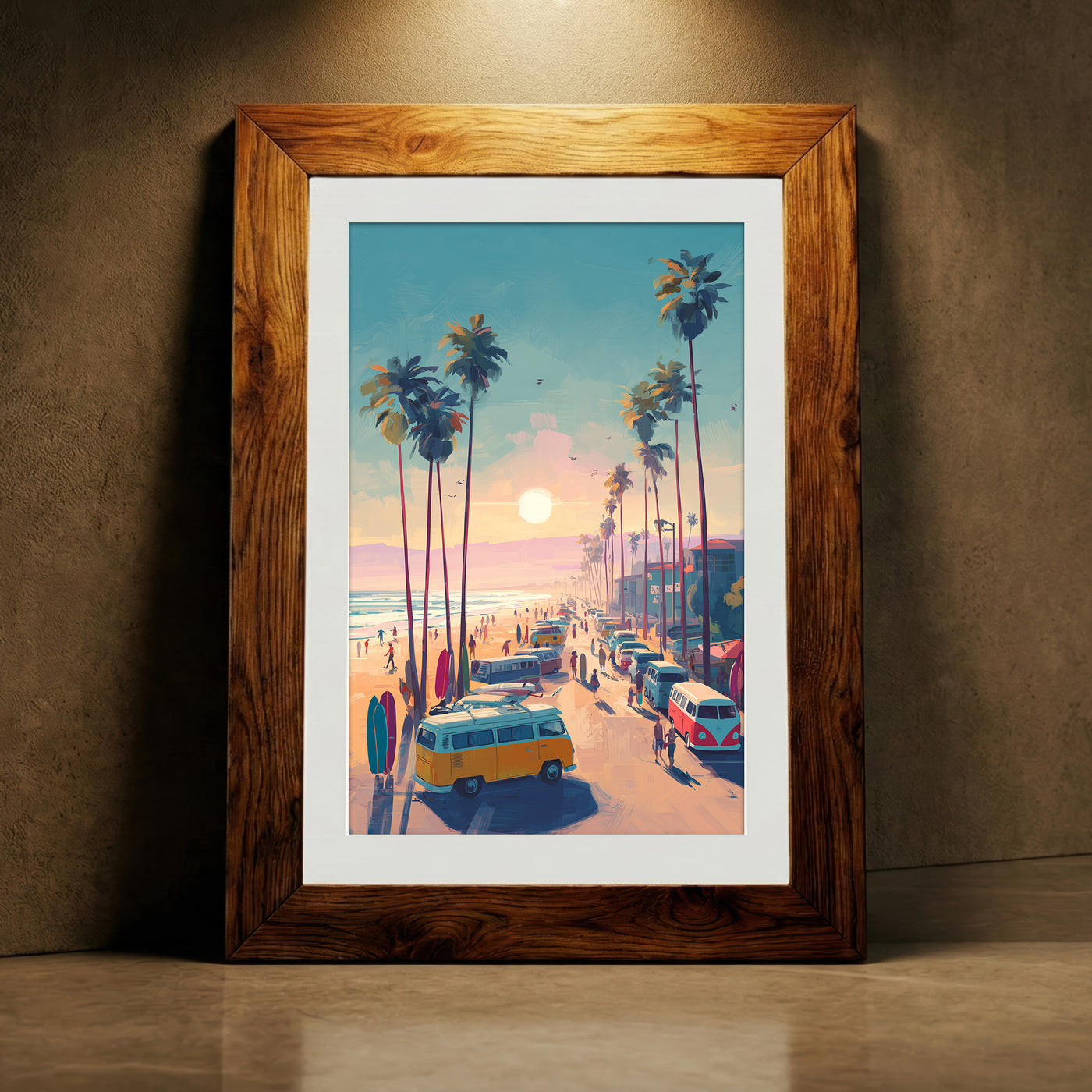 Vibrant retro painterly style illustration of a warm beach sunset with tall palm trees, vintage surfer vans, surfboards, and people walking on the sand, created by Artazyn.
