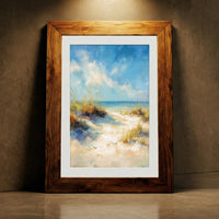 Impressionist style oil painting of a sandy path through beach dunes with sea grass leading to a bright blue ocean under a breezy, partly cloudy sky, created by Artazyn.