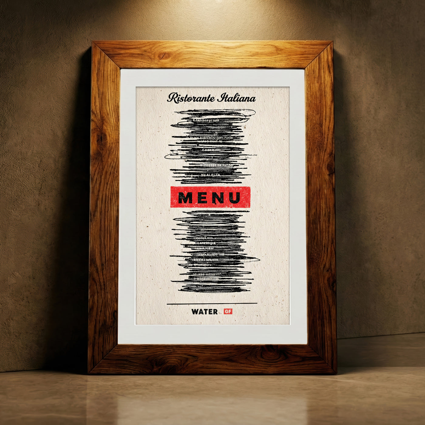 Minimalist humorous art print of an Italian restaurant menu with all items scribbled out in black marker except for "MENU" in red and "WATER GF" at the bottom, created by Artazyn.