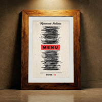 Minimalist humorous art print of an Italian restaurant menu with all items scribbled out in black marker except for "MENU" in red and "WATER GF" at the bottom, created by Artazyn.