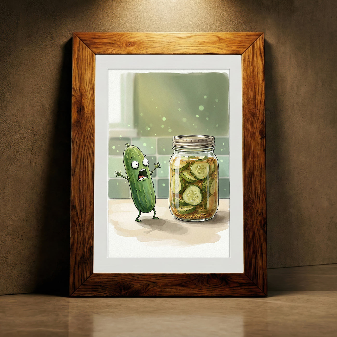 Cartoon illustration of a scared pickle screaming next to a jar of pickled cucumber slices, funny kitchen wall art.