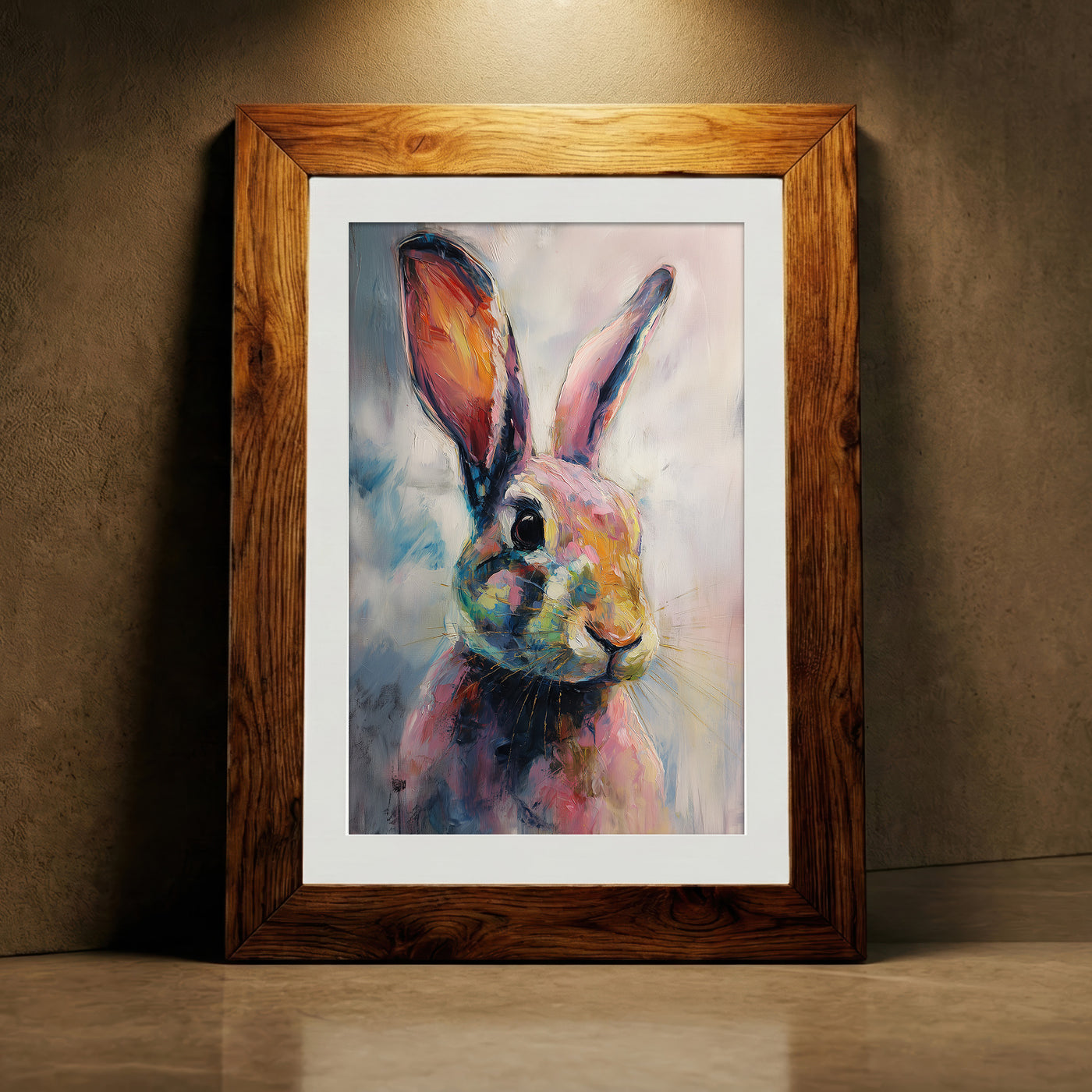 A vibrant, painterly oil painting of a bunny with expressive eyes and colorful fur in shades of pink, teal, and orange against a soft background, created by Artazyn.