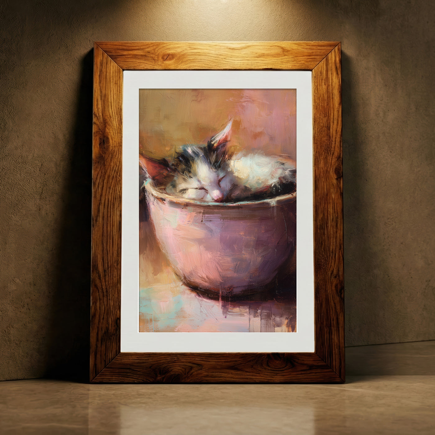 A warm-toned impressionist oil painting of a calico kitten sleeping soundly while curled up inside a pink ceramic bowl, featuring visible painterly brushstrokes and soft lighting, created by Artazyn.