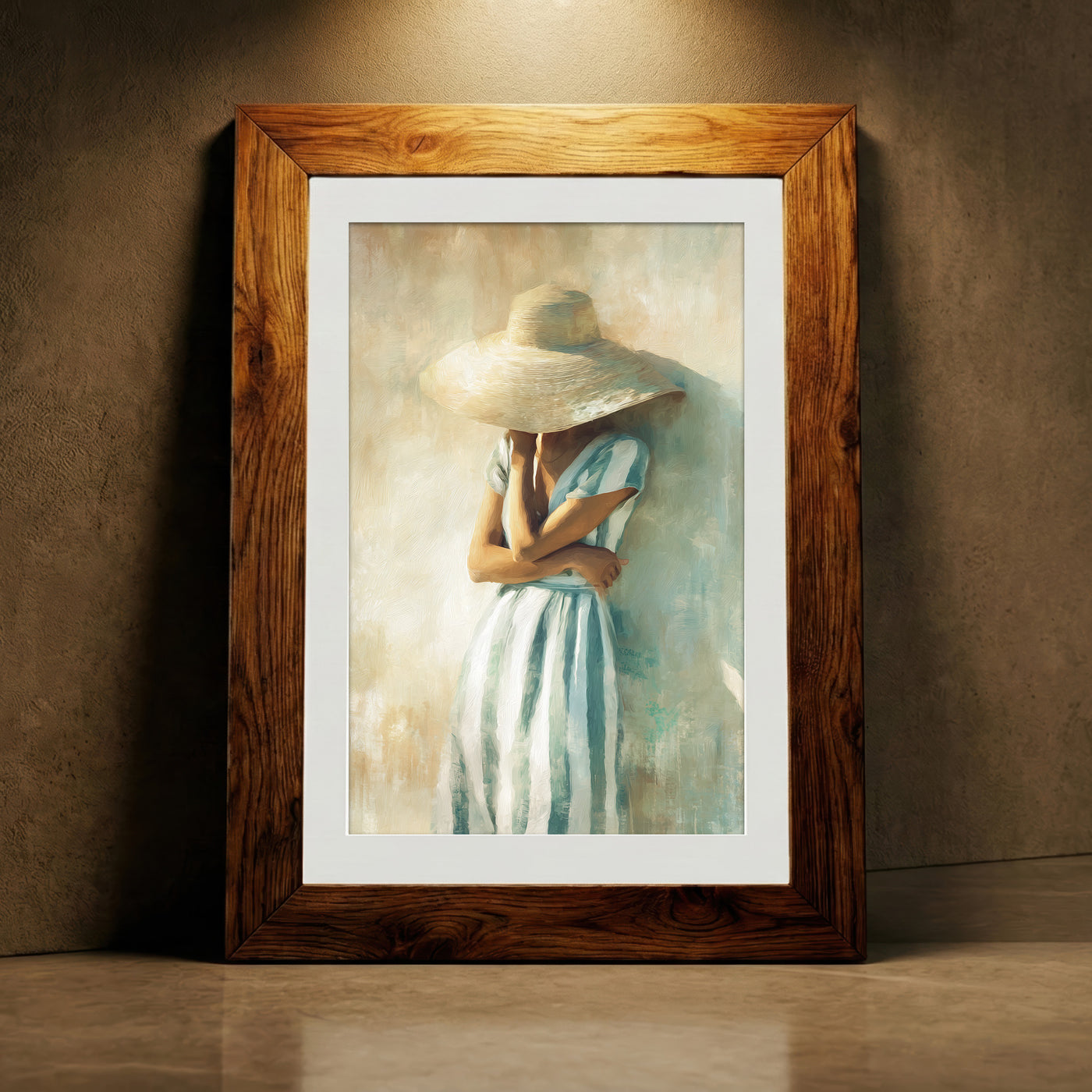 A soft, impressionist oil painting of an elegant woman in a blue and white striped dress wearing a large sun hat that hides her face, created by Artazyn.