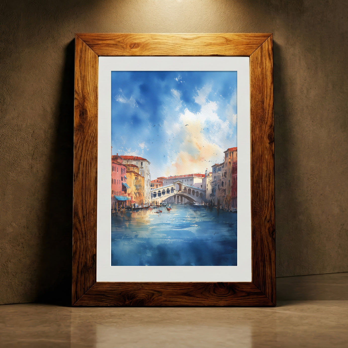A soft impressionist watercolor painting of the Grand Canal in Venice featuring the Rialto Bridge, gondolas on the water, and a vibrant blue sky with soft clouds, created by Artazyn.