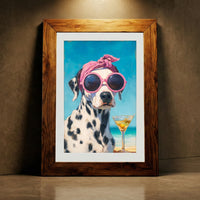An impressionist oil painting of a Dalmatian dog wearing a pink polka-dot headscarf and oversized pink sunglasses sitting on a beach with a dirty martini, created by Artazyn.