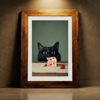 Oil painting style illustration of a fluffy black cat with large wide eyes peeking over a wooden table at a partially eaten slice of strawberry layer cake against a muted green background, created by Artazyn.