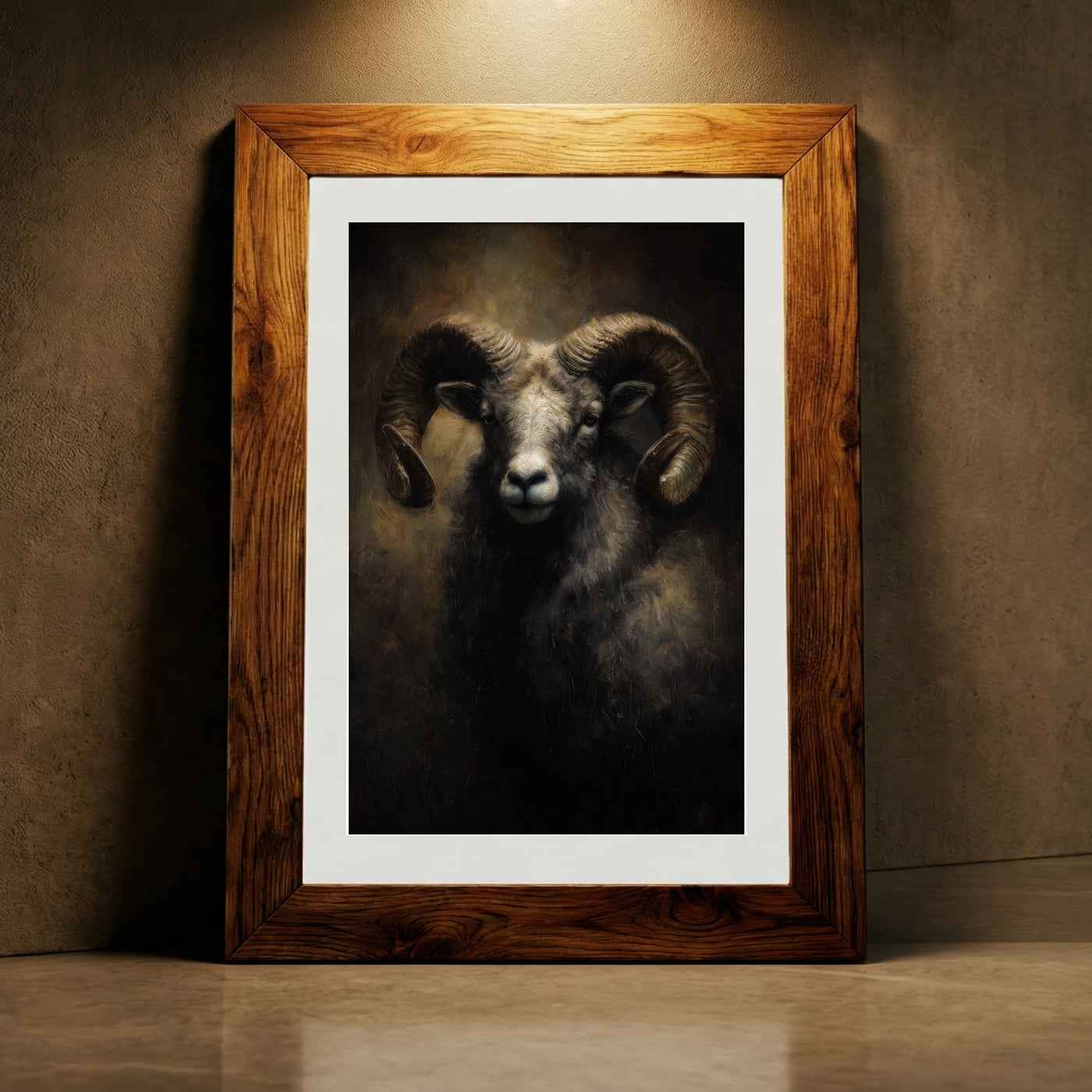 A moody oil painting of a ram with large, powerful curled horns and a calm yet stoic expression against a dark, atmospheric background, created by Artazyn.