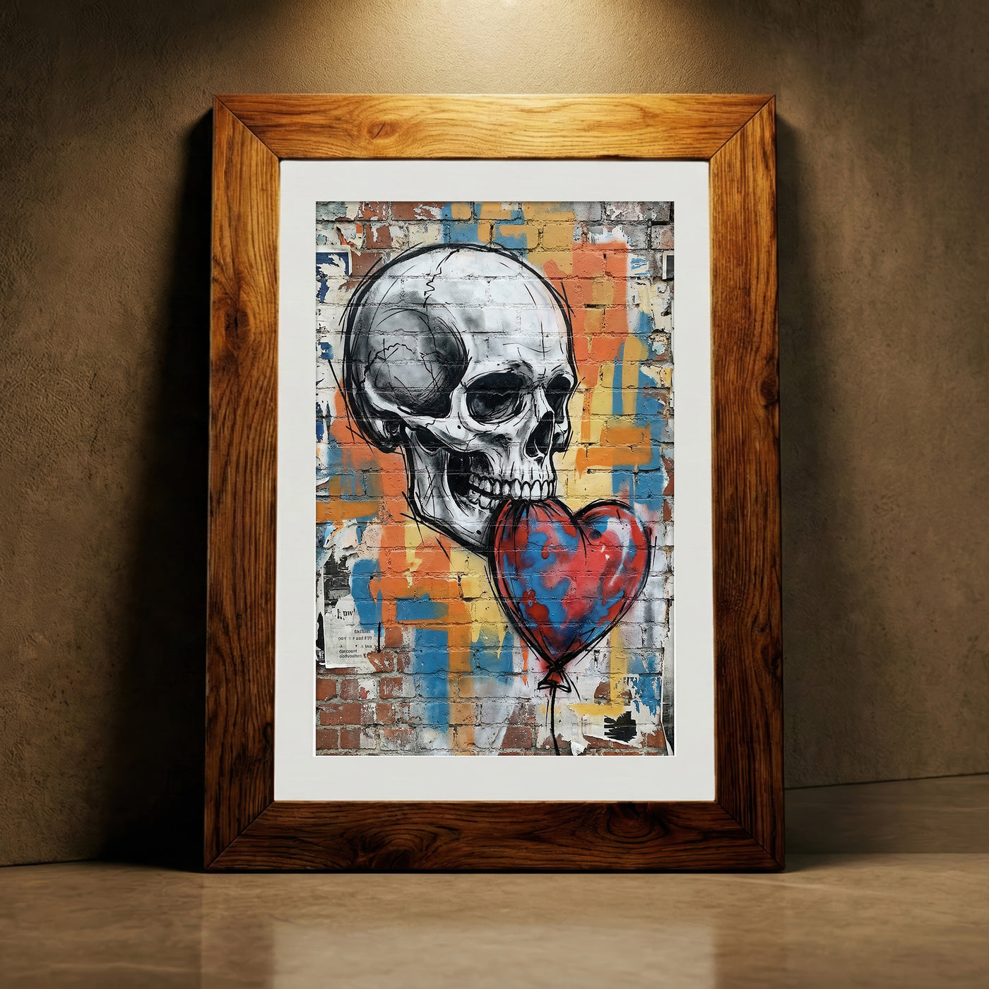A gritty urban street art print featuring a detailed white skull holding a red and blue heart-shaped balloon in its teeth against a colorful graffiti-covered brick wall, created by Artazyn.