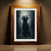 Photorealistic portrait of a soaking wet black dog sitting in the rain looking up, moody animal wall art.