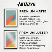 Two framed artworks with Artazyn branding and text about premium matte and luster finishes.