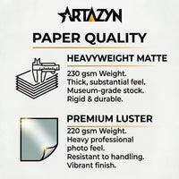 Artazyn paper quality information with heavyweight matte and premium luster descriptions.