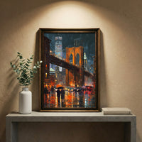 Thick impasto style oil painting of the Brooklyn Bridge illuminated at night during a rainstorm, with glowing orange lights reflecting on the wet street and two figures holding an umbrella, created by Artazyn.