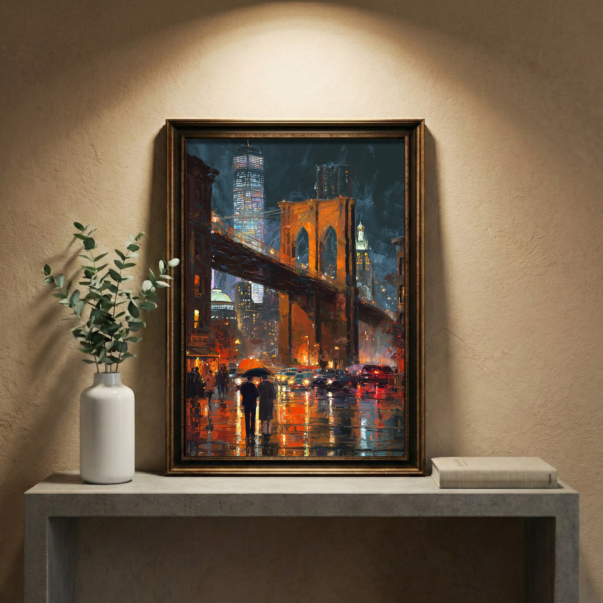 Thick impasto style oil painting of the Brooklyn Bridge illuminated at night during a rainstorm, with glowing orange lights reflecting on the wet street and two figures holding an umbrella, created by Artazyn.