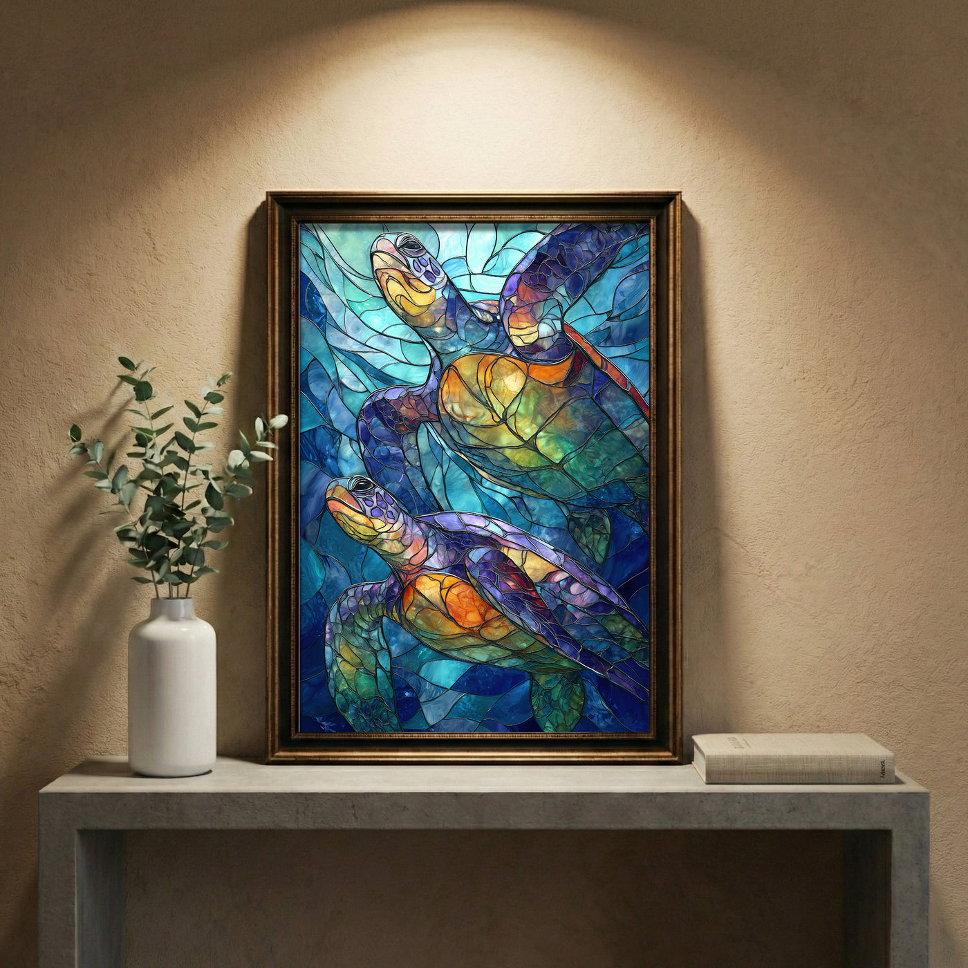 A vibrant stained-glass style art print featuring two sea turtles swimming upwards through mosaic-patterned deep blue water with glowing orange and purple shells, created by Artazyn.
