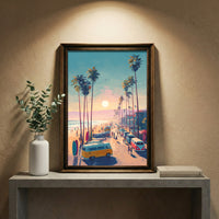 Vibrant retro painterly style illustration of a warm beach sunset with tall palm trees, vintage surfer vans, surfboards, and people walking on the sand, created by Artazyn.