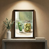 Cartoon illustration of a scared pickle screaming next to a jar of pickled cucumber slices, funny kitchen wall art.