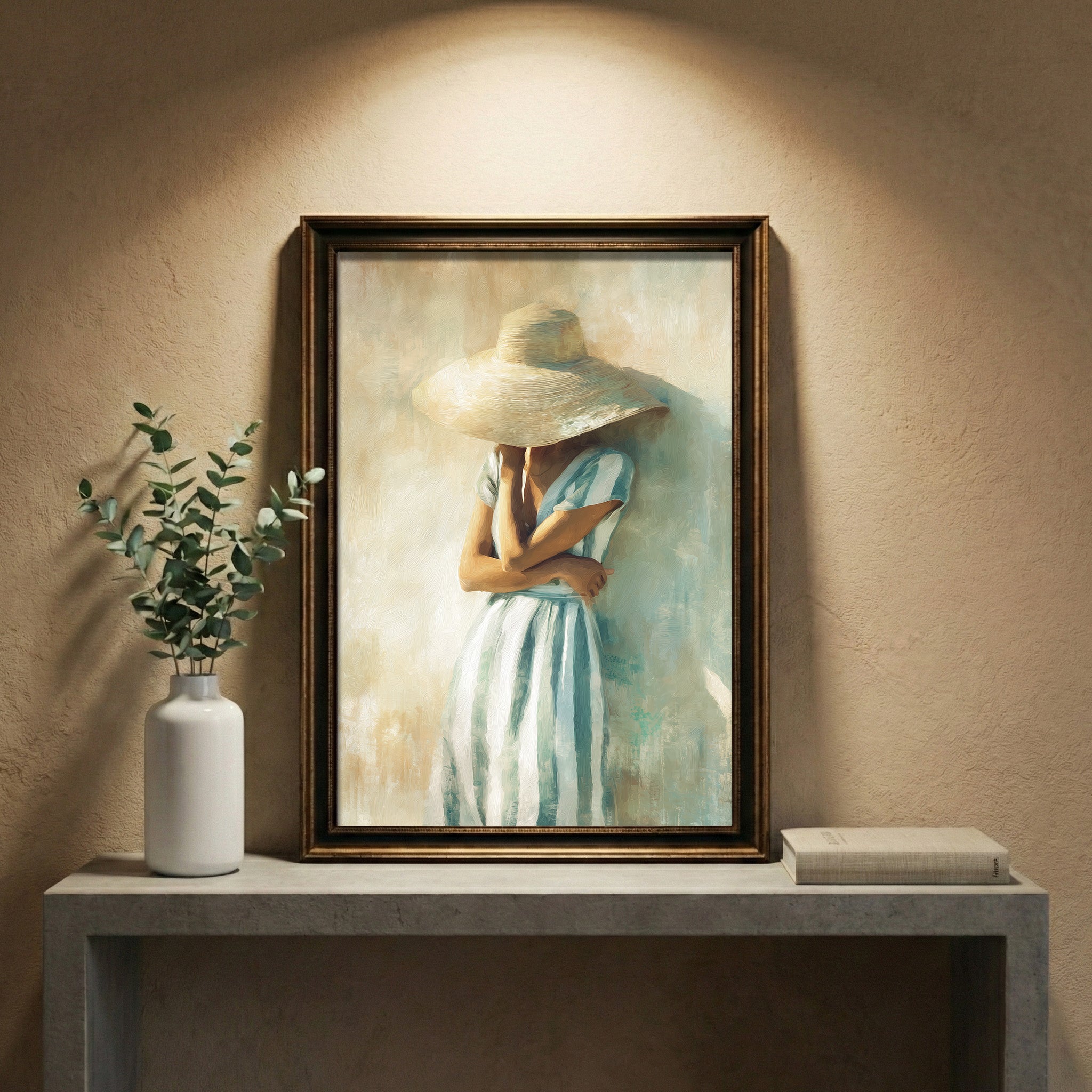 A soft, impressionist oil painting of an elegant woman in a blue and white striped dress wearing a large sun hat that hides her face, created by Artazyn.