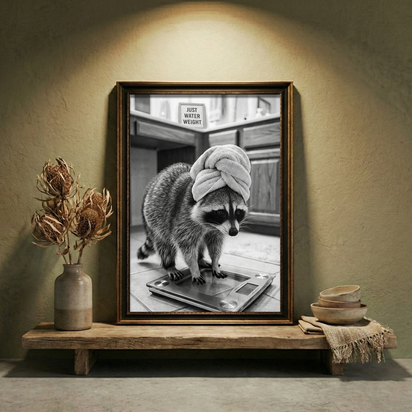 A crisp black and white photograph of a raccoon standing on a glass bathroom scale wearing a towel turban next to a sign that says JUST WATER WEIGHT, created by Artazyn.