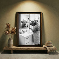 A crisp black and white photograph of a Highland cow looking in a bathroom mirror and holding a razor, with a small sign that says IT'S A PROCESS, created by Artazyn.