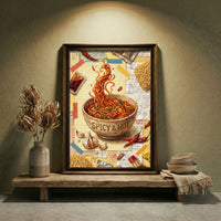 Collage style art print of a bowl of spicy ramen noodles labeled "SPICY & HOT" with floating noodles, garlic, and chili peppers against a background of receipts and train tickets.