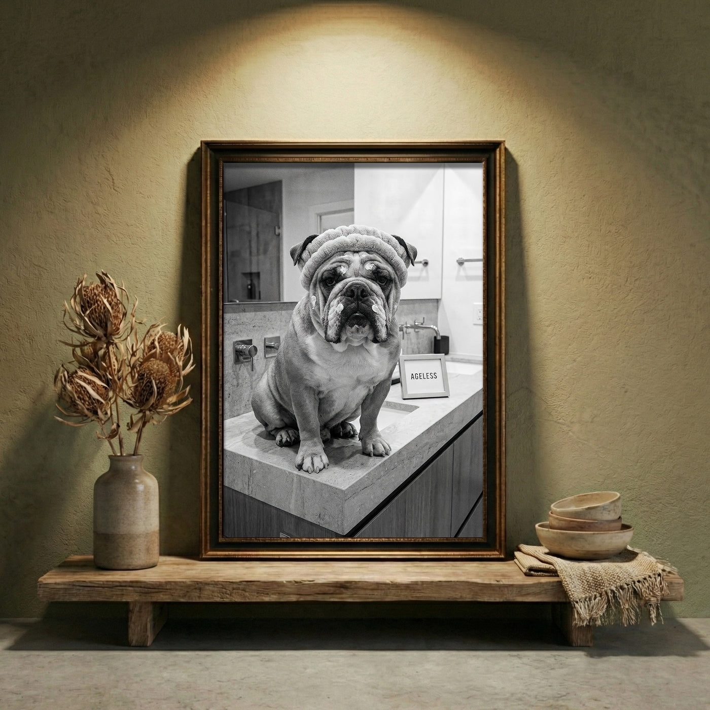 A crisp black and white photograph of a bulldog sitting on a marble bathroom counter wearing a spa headband and face cream next to a sign that says AGELESS, created by Artazyn.