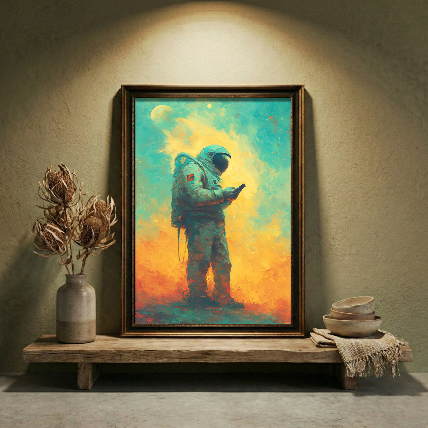 Colorful painterly art print of an astronaut standing on an alien planet looking at a smartphone, rendered in teal, yellow, and orange impasto strokes by Artazyn.