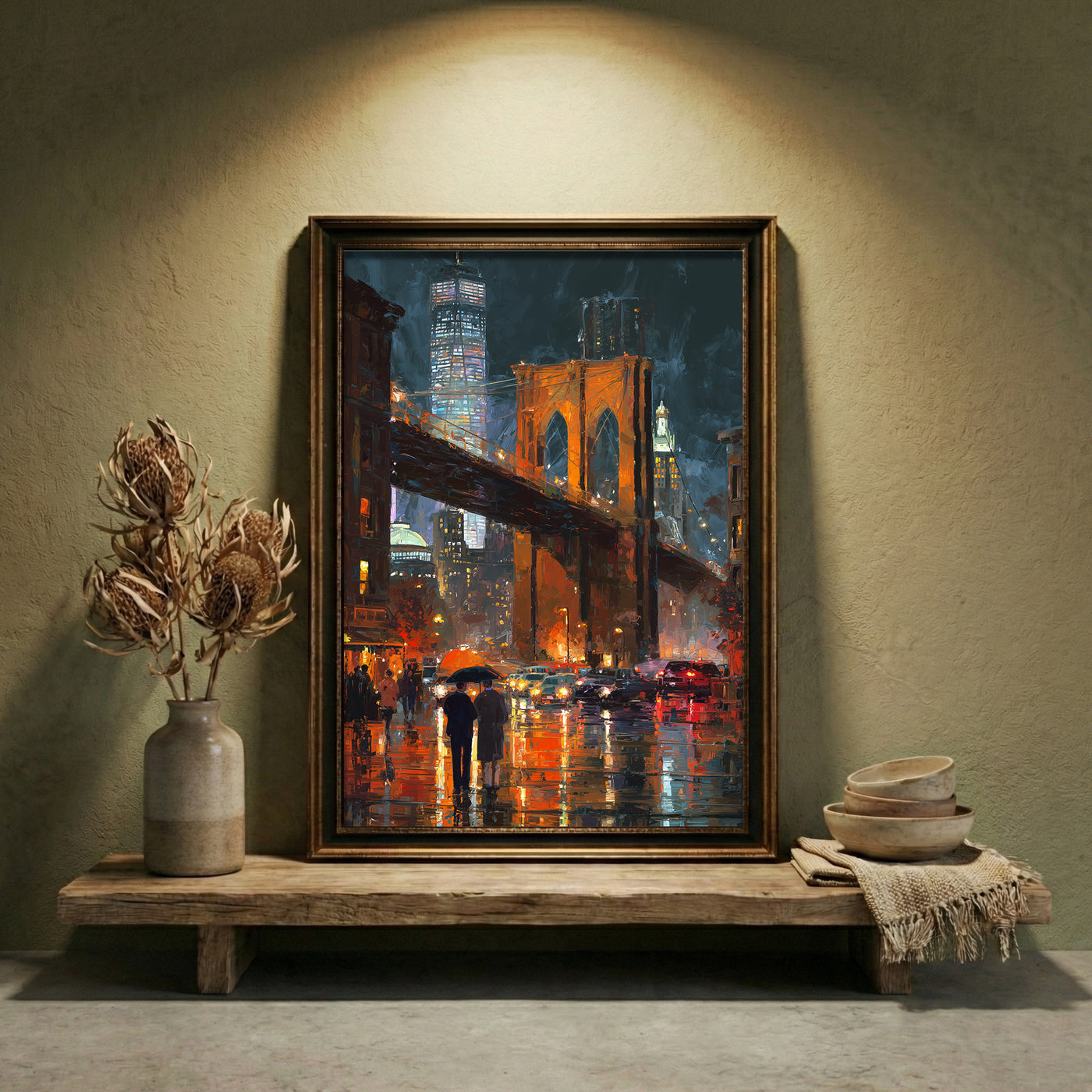 Thick impasto style oil painting of the Brooklyn Bridge illuminated at night during a rainstorm, with glowing orange lights reflecting on the wet street and two figures holding an umbrella, created by Artazyn.