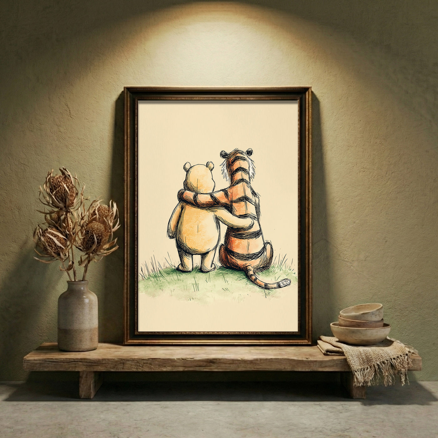 Vintage style pencil and watercolor sketch of a classic chubby bear and a striped tiger sitting together from behind with their arms around each other, looking out into the distance, created by Artazyn.