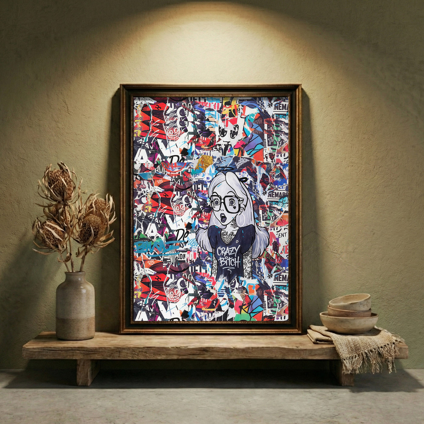 Edgy street art collage print featuring a tattooed Alice in Wonderland character wearing glasses and a t-shirt that says "Crazy Bitch" against a background of torn posters, created by Artazyn.
