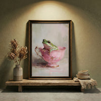 An impressionistic oil painting of a green tree frog sitting inside a vintage pink teacup with gold trim, featuring thick visible brushstrokes and a moody atmospheric background, created by Artazyn.
