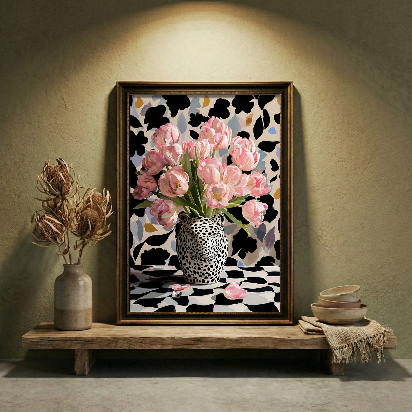 Bold maximalist art print featuring a black and white leopard head vase filled with pink tulips against a patterned background, created by Artazyn.