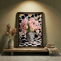 Bold maximalist art print featuring a black and white leopard head vase filled with pink tulips against a patterned background, created by Artazyn.