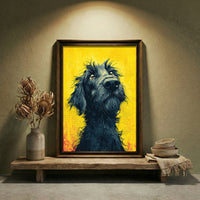 Vibrant pop art style print of a scruffy black dog looking up with soulful eyes against a distressed yellow background with halftone patterns.