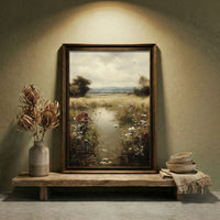 A moody impressionist oil painting of a marshy landscape filled with white daisies and dark red wildflowers under a heavy overcast sky, created by Artazyn.