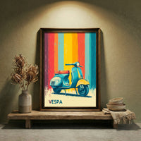 Distressed vintage-style poster illustration of a classic teal and yellow scooter parked in front of colorful retro vertical stripes in red, orange, and blue.