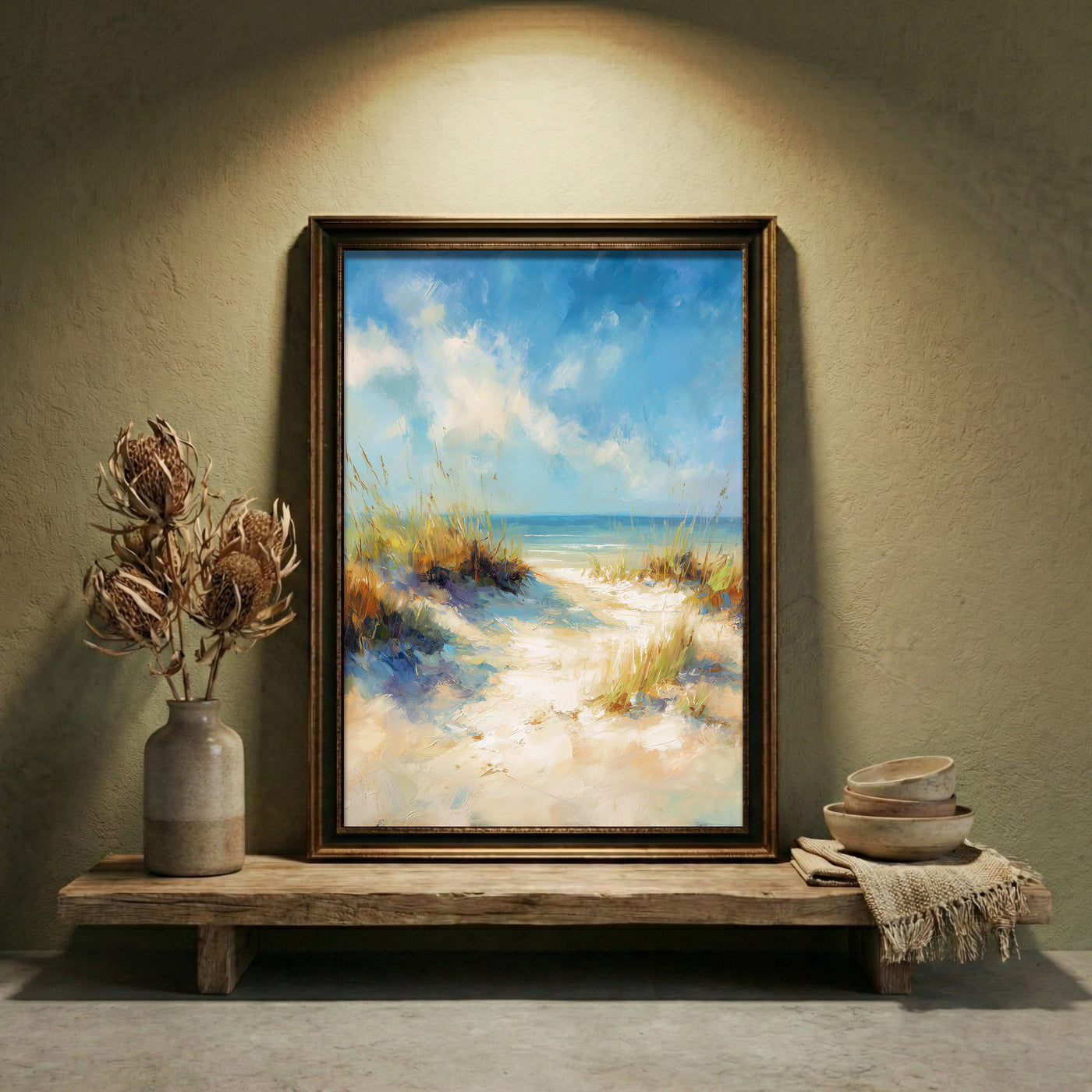 Impressionist style oil painting of a sandy path through beach dunes with sea grass leading to a bright blue ocean under a breezy, partly cloudy sky, created by Artazyn.