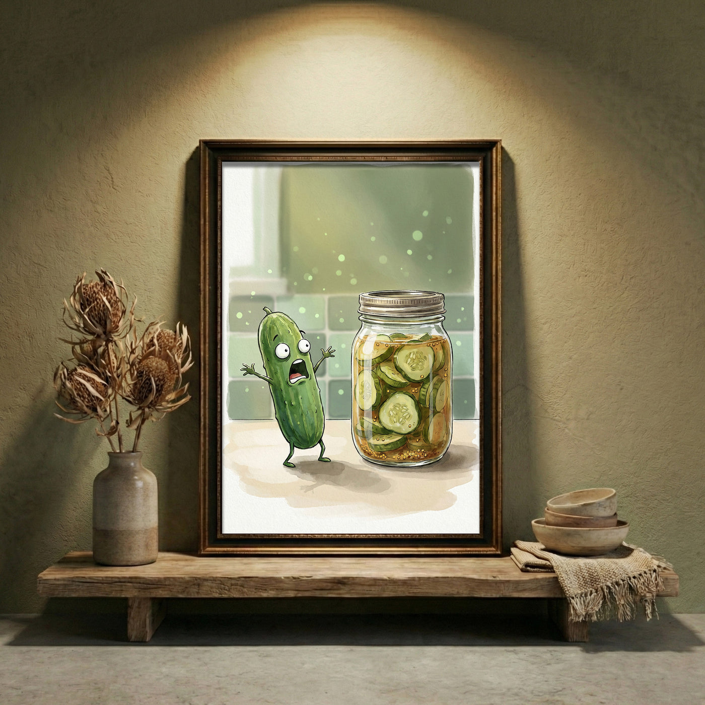 Cartoon illustration of a scared pickle screaming next to a jar of pickled cucumber slices, funny kitchen wall art.