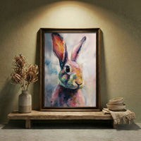 A vibrant, painterly oil painting of a bunny with expressive eyes and colorful fur in shades of pink, teal, and orange against a soft background, created by Artazyn.