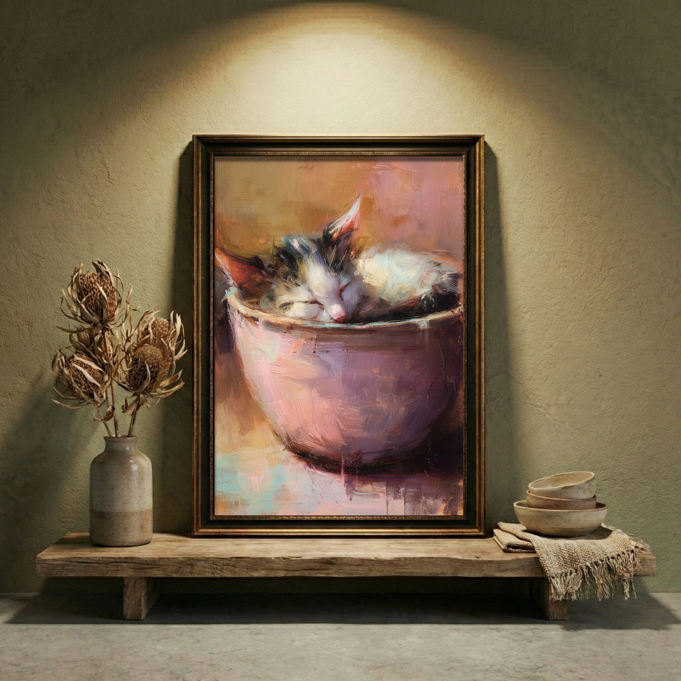 A warm-toned impressionist oil painting of a calico kitten sleeping soundly while curled up inside a pink ceramic bowl, featuring visible painterly brushstrokes and soft lighting, created by Artazyn.