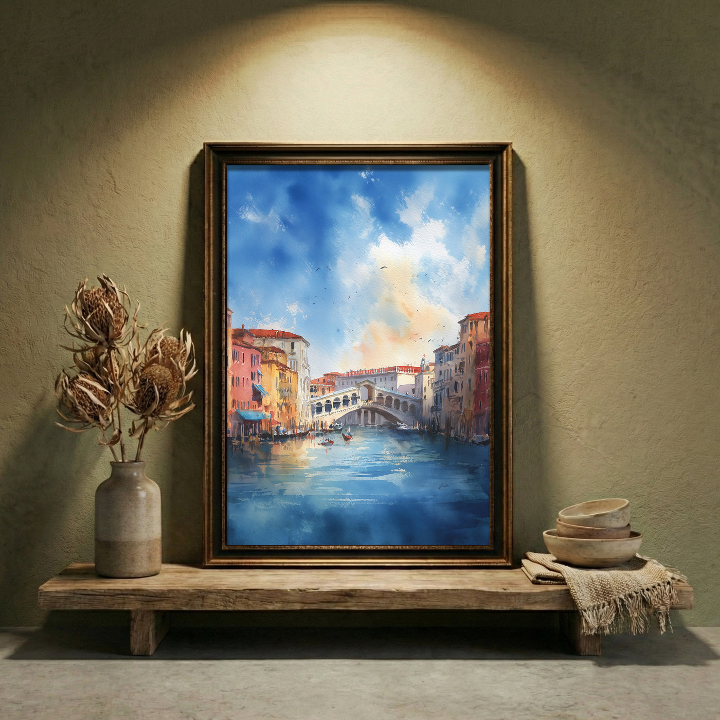 A soft impressionist watercolor painting of the Grand Canal in Venice featuring the Rialto Bridge, gondolas on the water, and a vibrant blue sky with soft clouds, created by Artazyn.