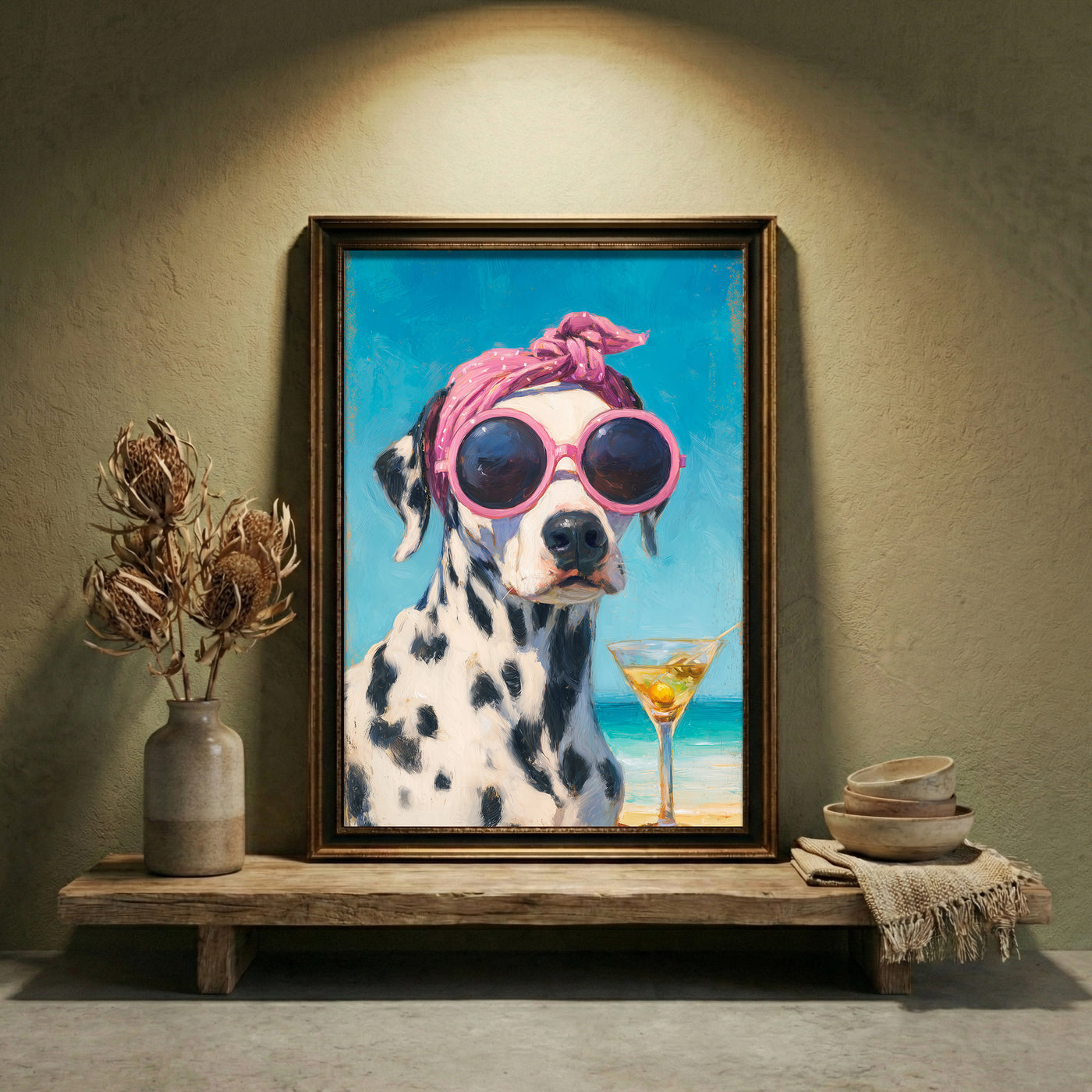 An impressionist oil painting of a Dalmatian dog wearing a pink polka-dot headscarf and oversized pink sunglasses sitting on a beach with a dirty martini, created by Artazyn.