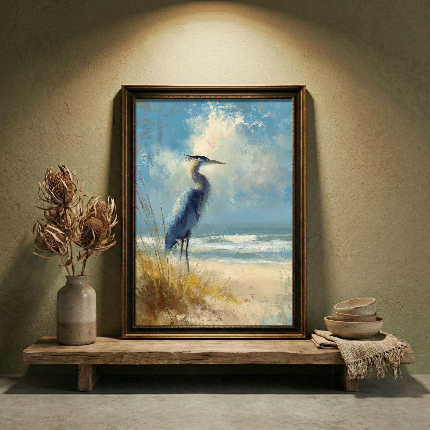 A high-detail palette knife painting of a Great Blue Heron standing on a sandy beach among sea oats under a blue sky with crashing waves, created by Artazyn.