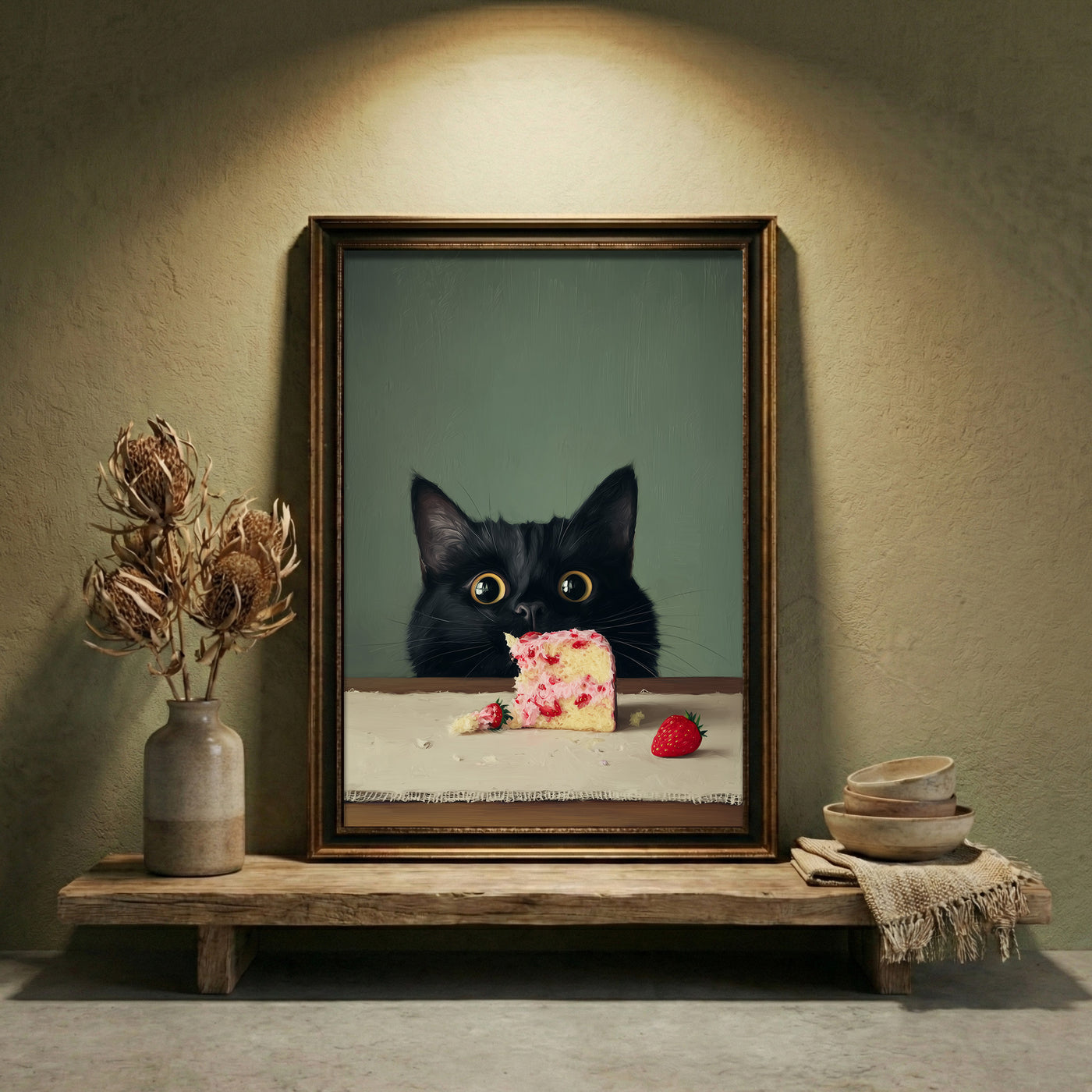 Oil painting style illustration of a fluffy black cat with large wide eyes peeking over a wooden table at a partially eaten slice of strawberry layer cake against a muted green background, created by Artazyn.