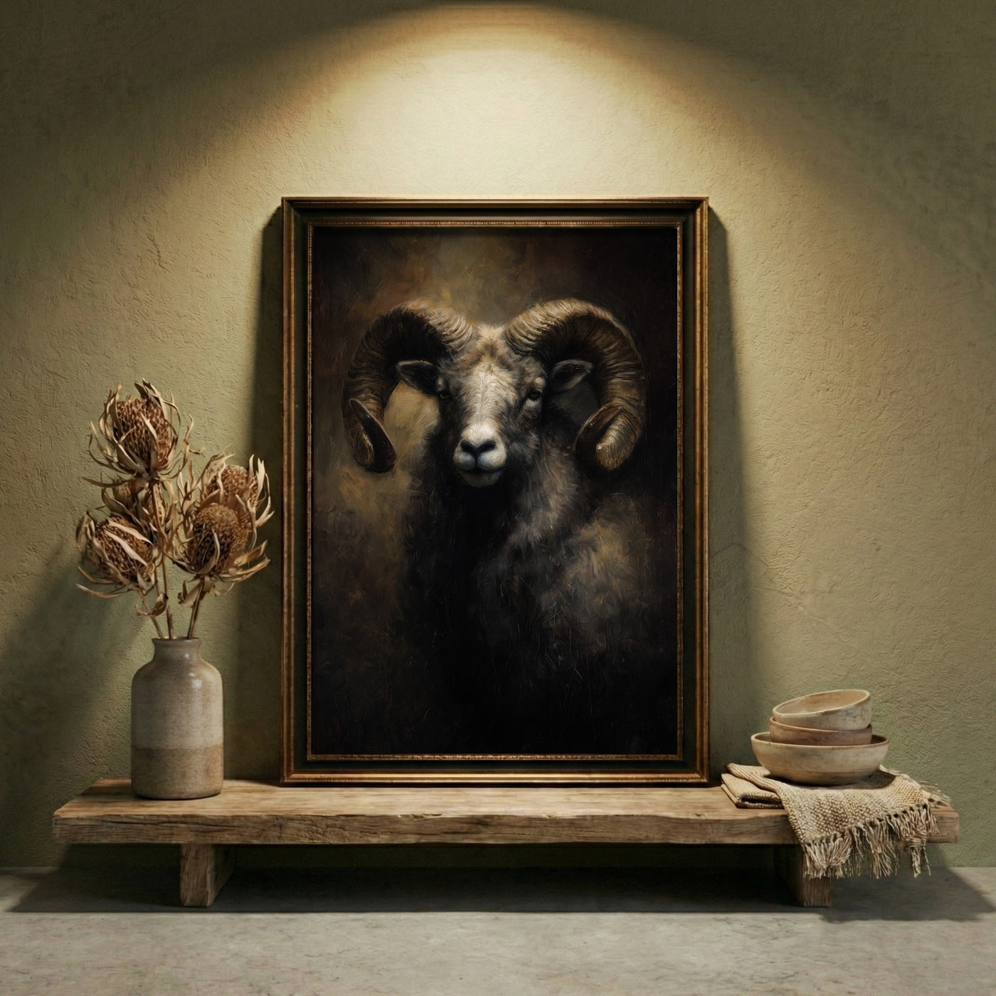 A moody oil painting of a ram with large, powerful curled horns and a calm yet stoic expression against a dark, atmospheric background, created by Artazyn.