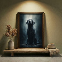 Photorealistic portrait of a soaking wet black dog sitting in the rain looking up, moody animal wall art.
